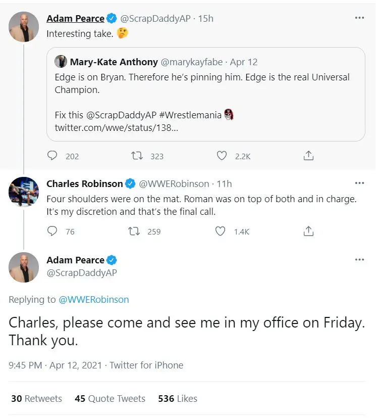 Adam pearce charles robinson twitter wwe april 2021